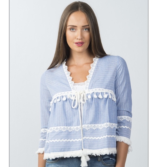 Renamed Tops - Blue & White Lace Trim and Tassel Tie Kimono🇺🇸